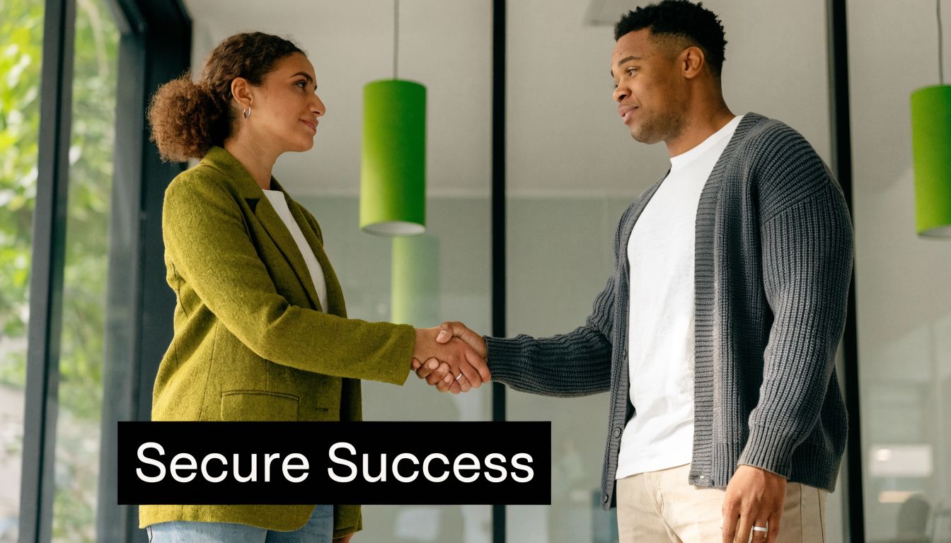A professional woman and man shaking hands in a modern office, representing a successful business deal.
