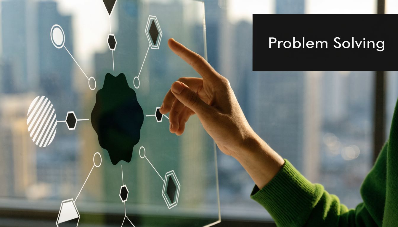 A person pointing at a digital network diagram displayed on a glass screen representing strategy consulting