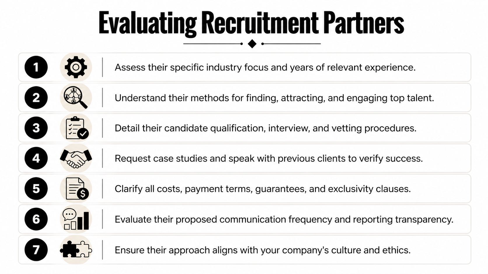 A checklist infographic titled Evaluating Recruitment Partners, listing seven key steps for businesses to assess potential hiring agencies.