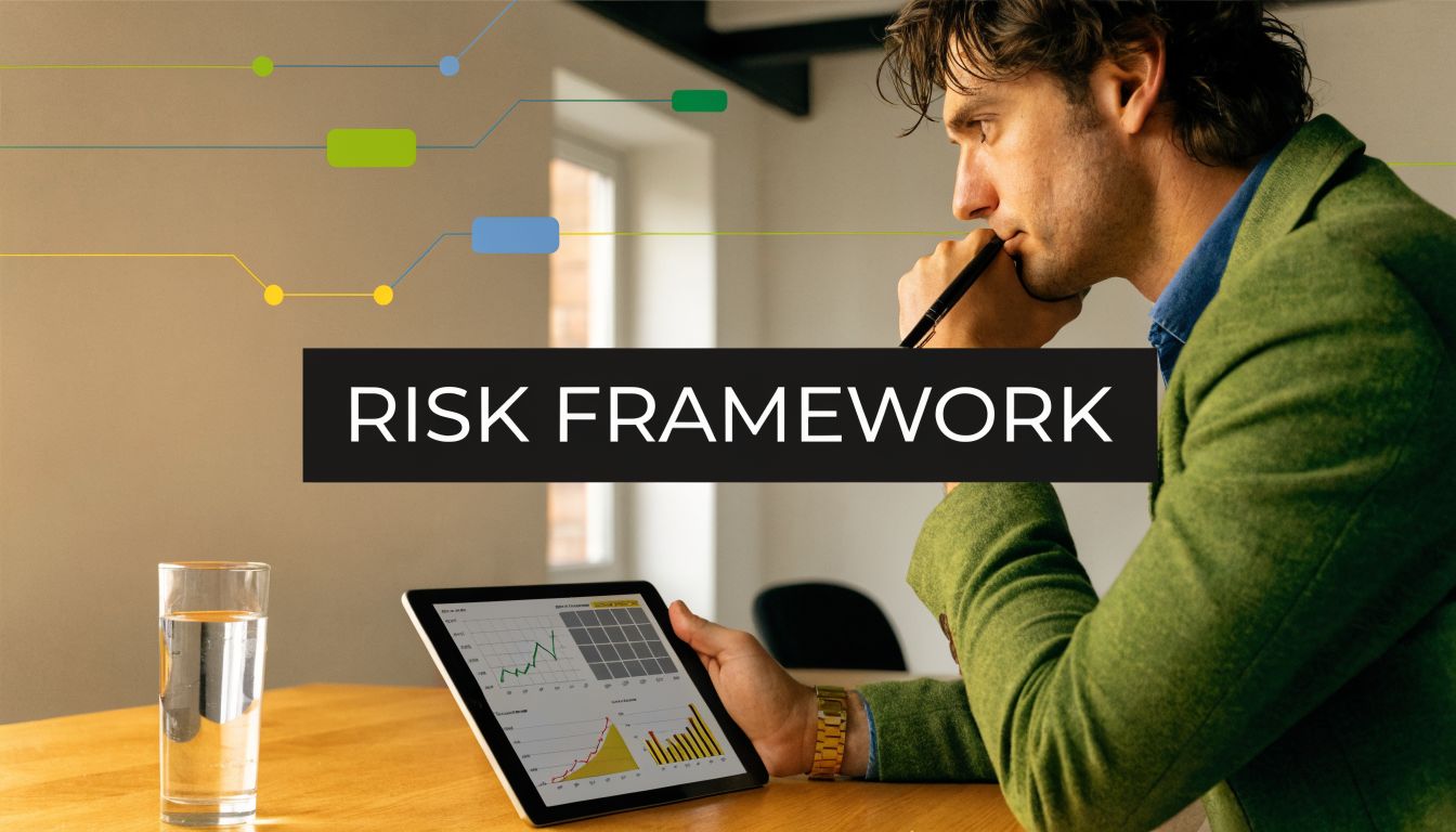 A professional man in a green blazer reviewing financial charts on a tablet for risk management.