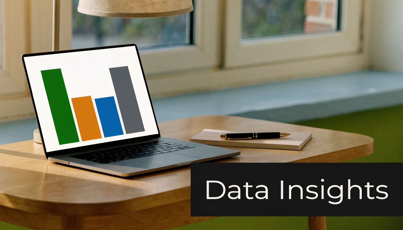 A modern laptop on a wooden desk displaying a colorful bar chart with Data Insights text.