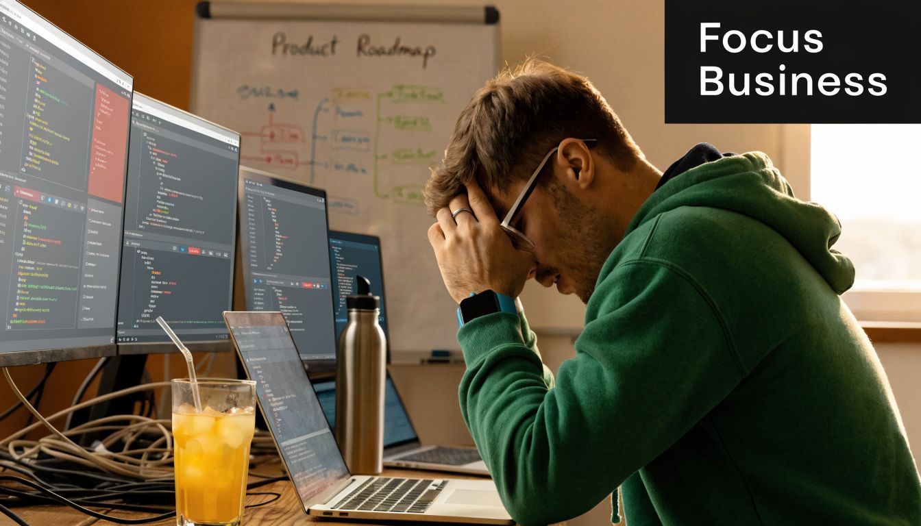 A frustrated software developer working on multiple computer monitors in a bright office environment.