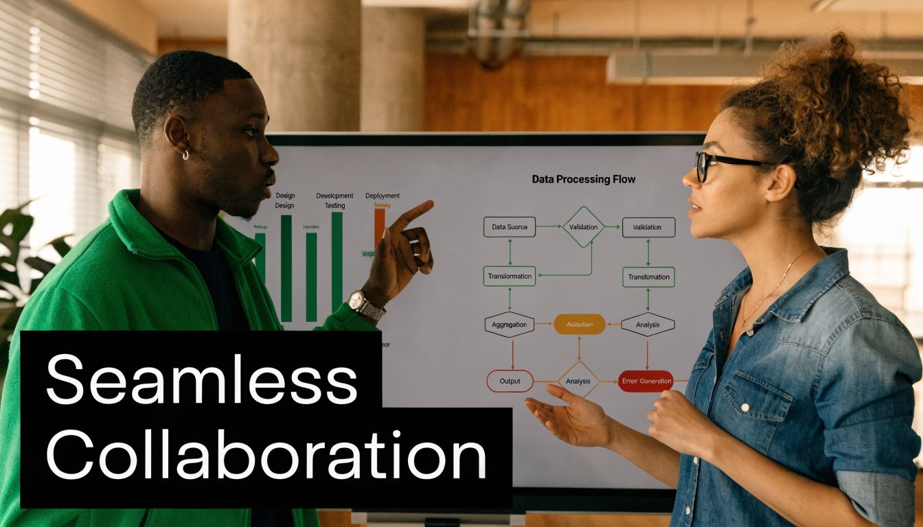 A data engineer and a software engineer collaborating while looking at a data processing flow chart.