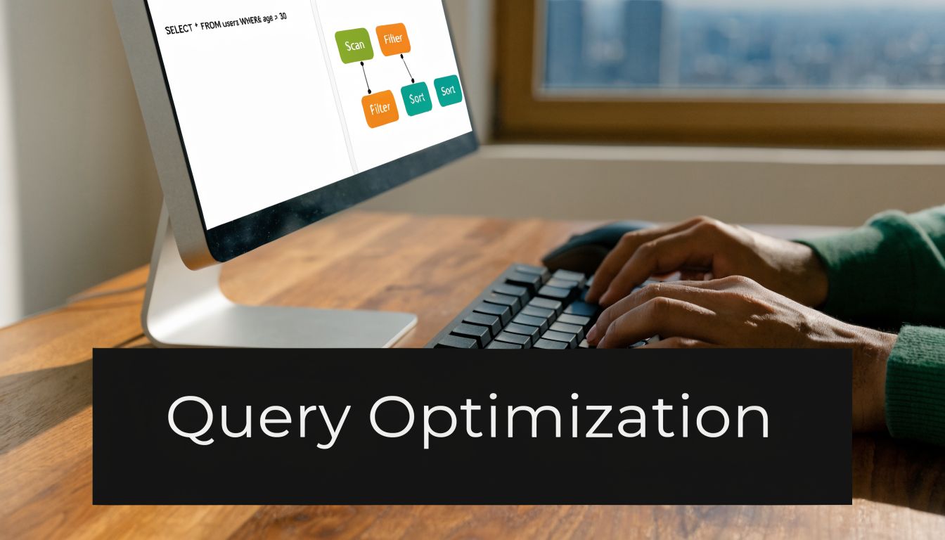 A person working on a computer demonstrating query optimization concepts with visual diagrams of database operations.