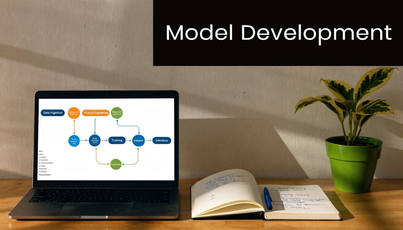 A laptop displays a machine learning development workflow chart on a wooden desk with a notebook and plant.