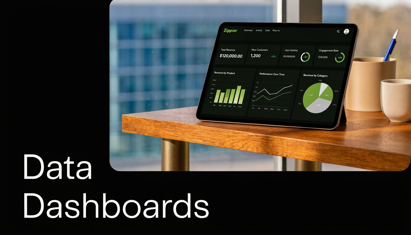 A modern tablet displaying a data dashboard screen with various charts and graphs on a desk.