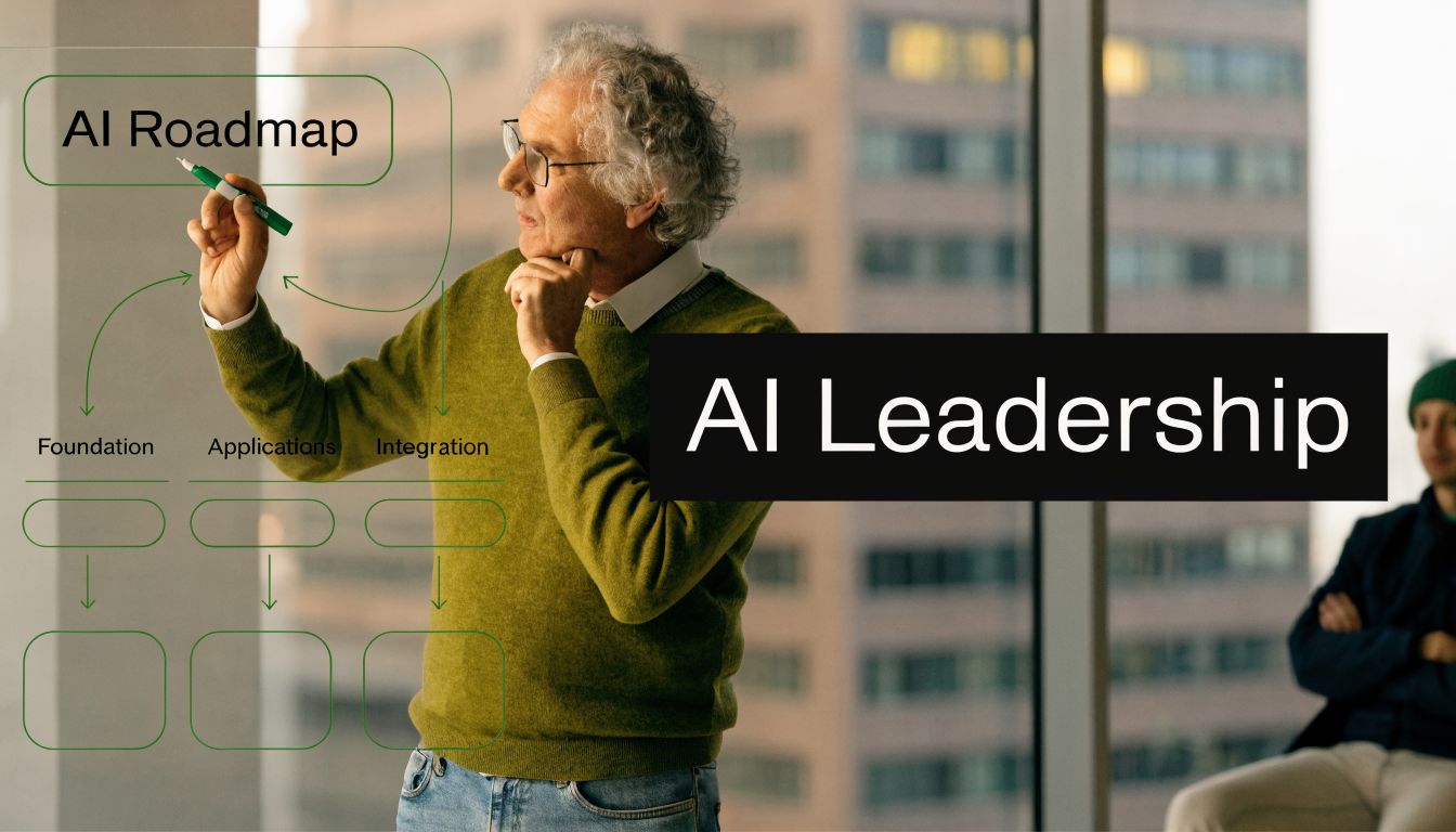 A professional man drawing an AI strategy roadmap on a glass wall during a business meeting.