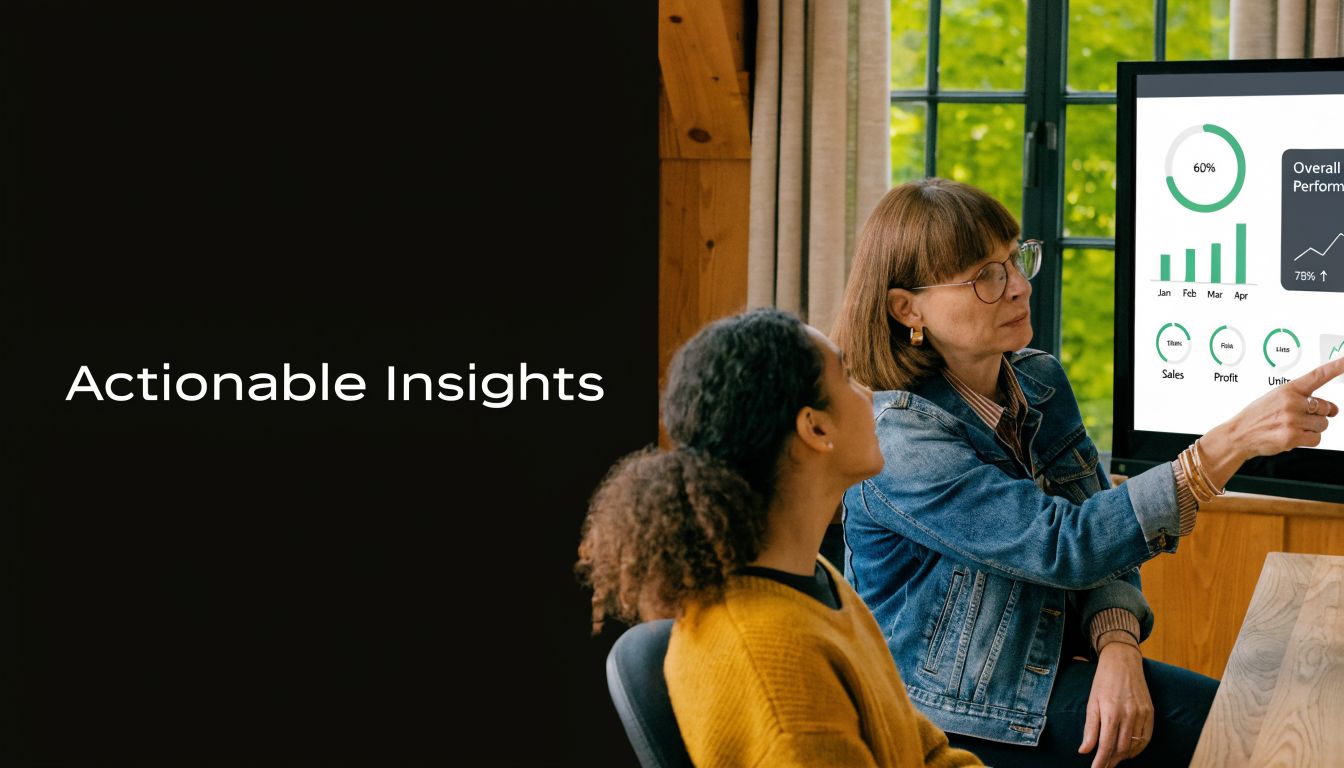 A professional mentor explains data visualizations on a digital display screen to her younger colleague in office.