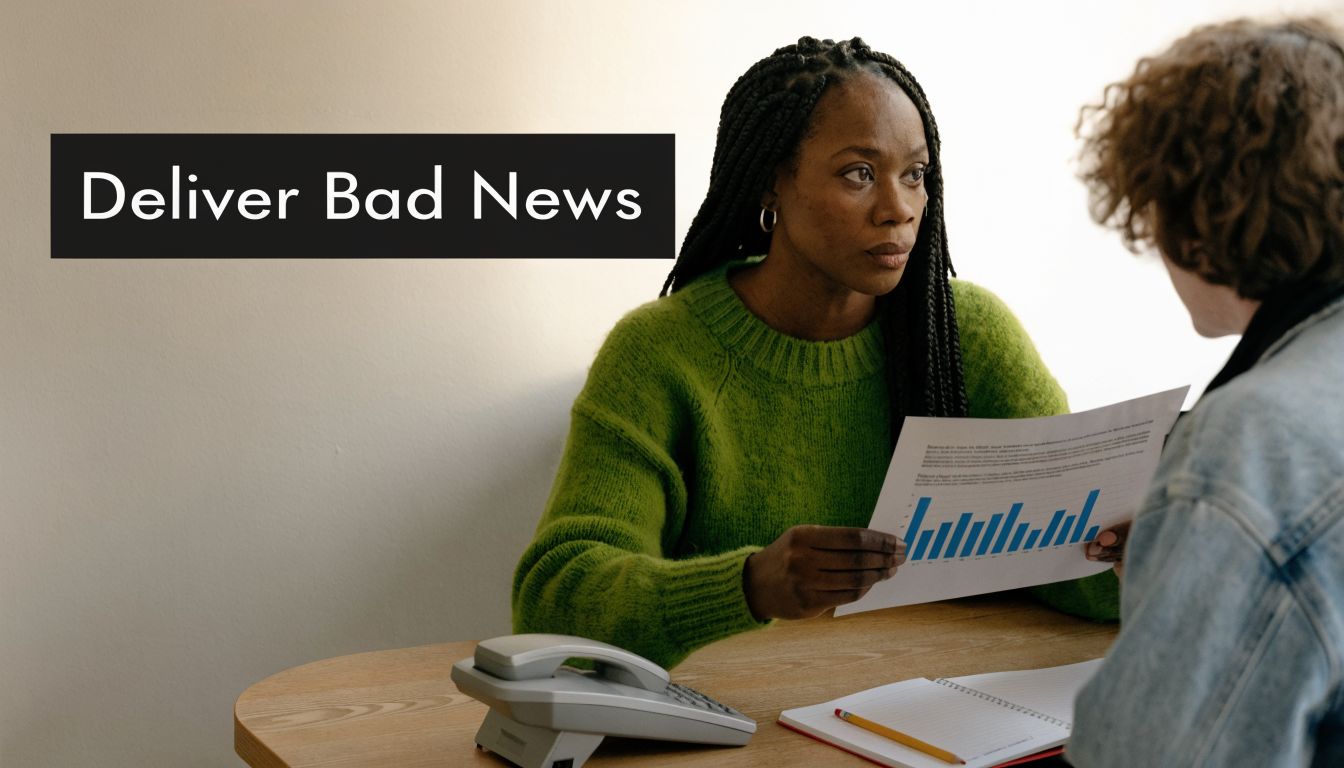A woman in a green sweater delivering bad news to a colleague during an office meeting.