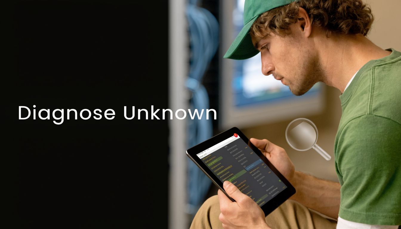 A technician wearing a green cap looking at server diagnostics on a digital tablet screen.