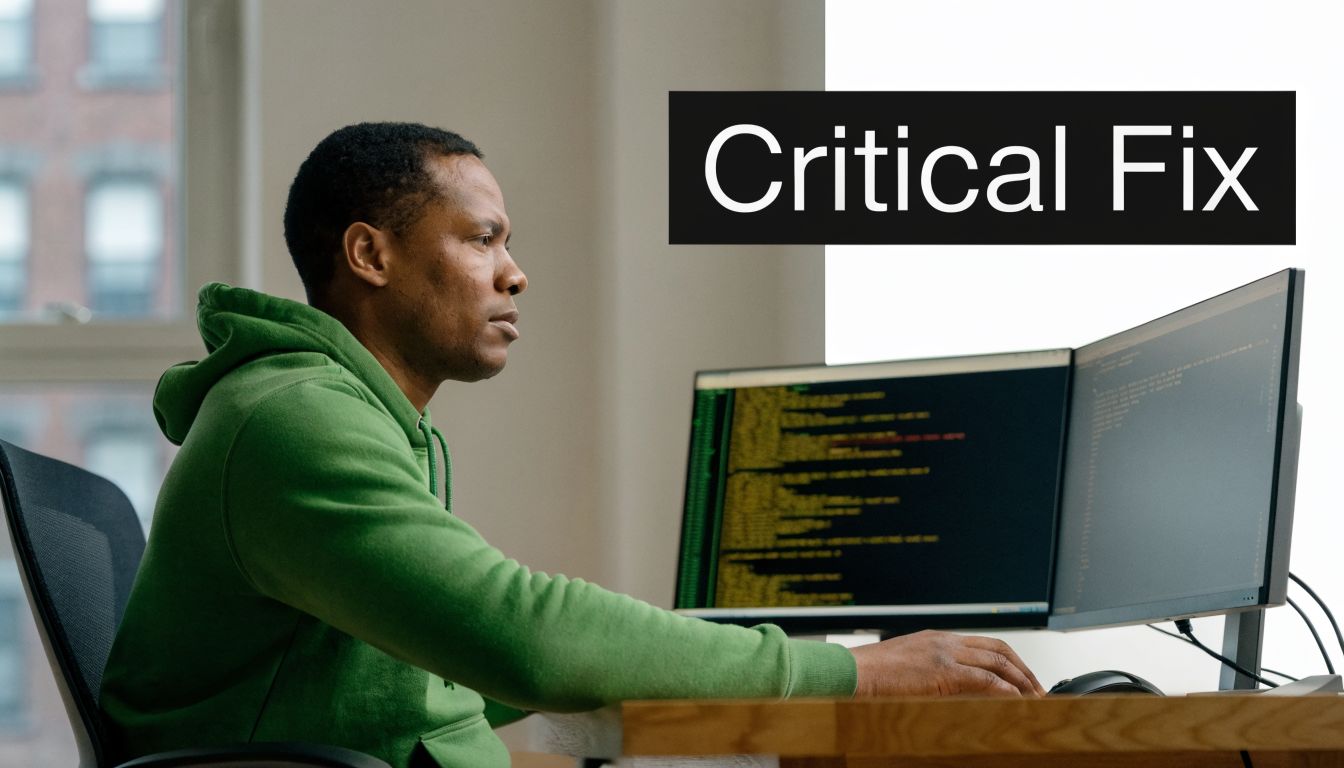 A professional software developer focusing intently while working on code on dual computer monitors in an office.