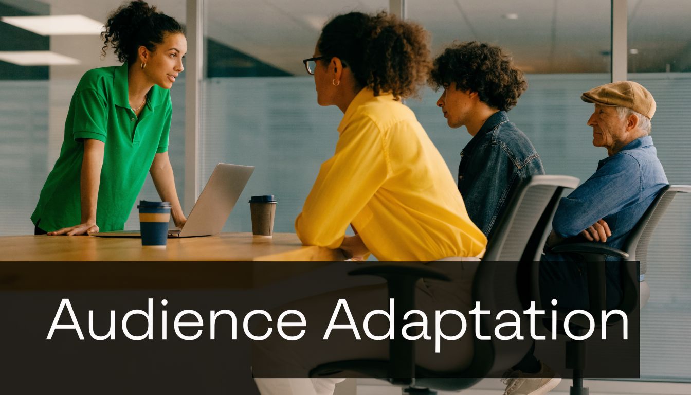 A professional woman in a green shirt discusses business strategies with a diverse team in a meeting.