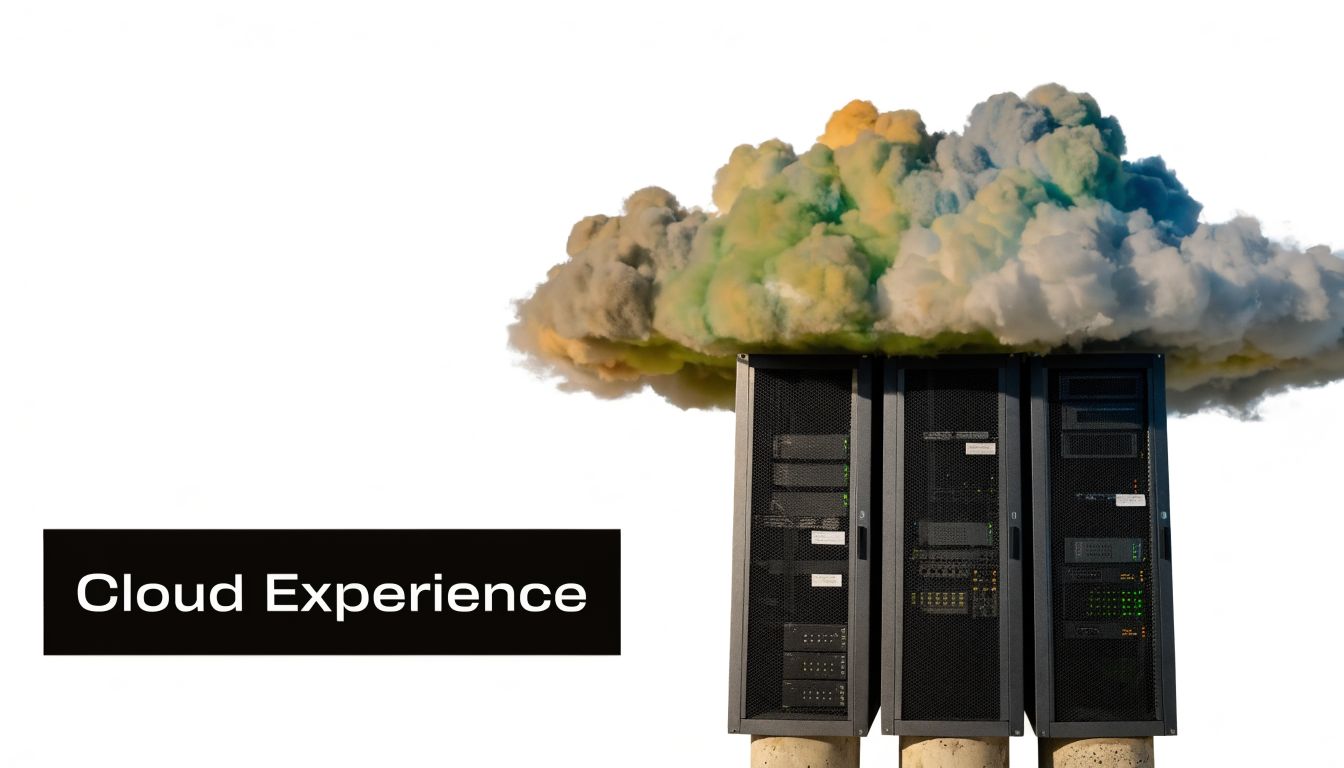 Three server racks standing under a colorful, fluffy cloud against a white background representing cloud computing services.