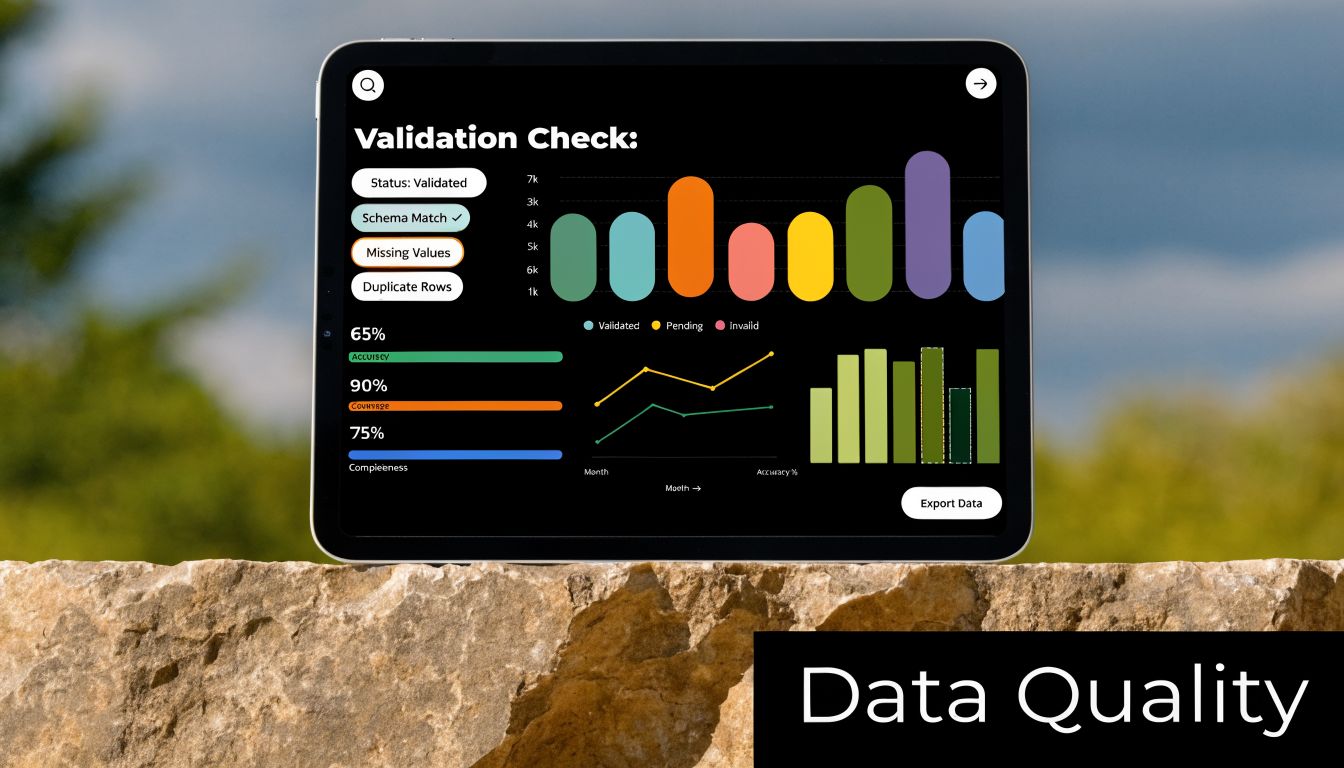A digital tablet displaying a data quality dashboard with various charts and metrics on a rocky surface.