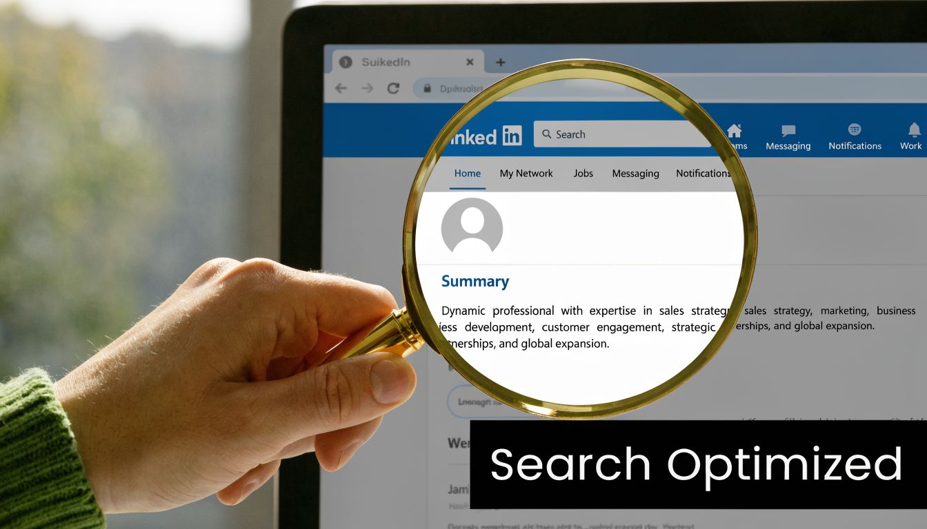 A hand using a magnifying glass to focus on a LinkedIn profile summary page on a monitor.