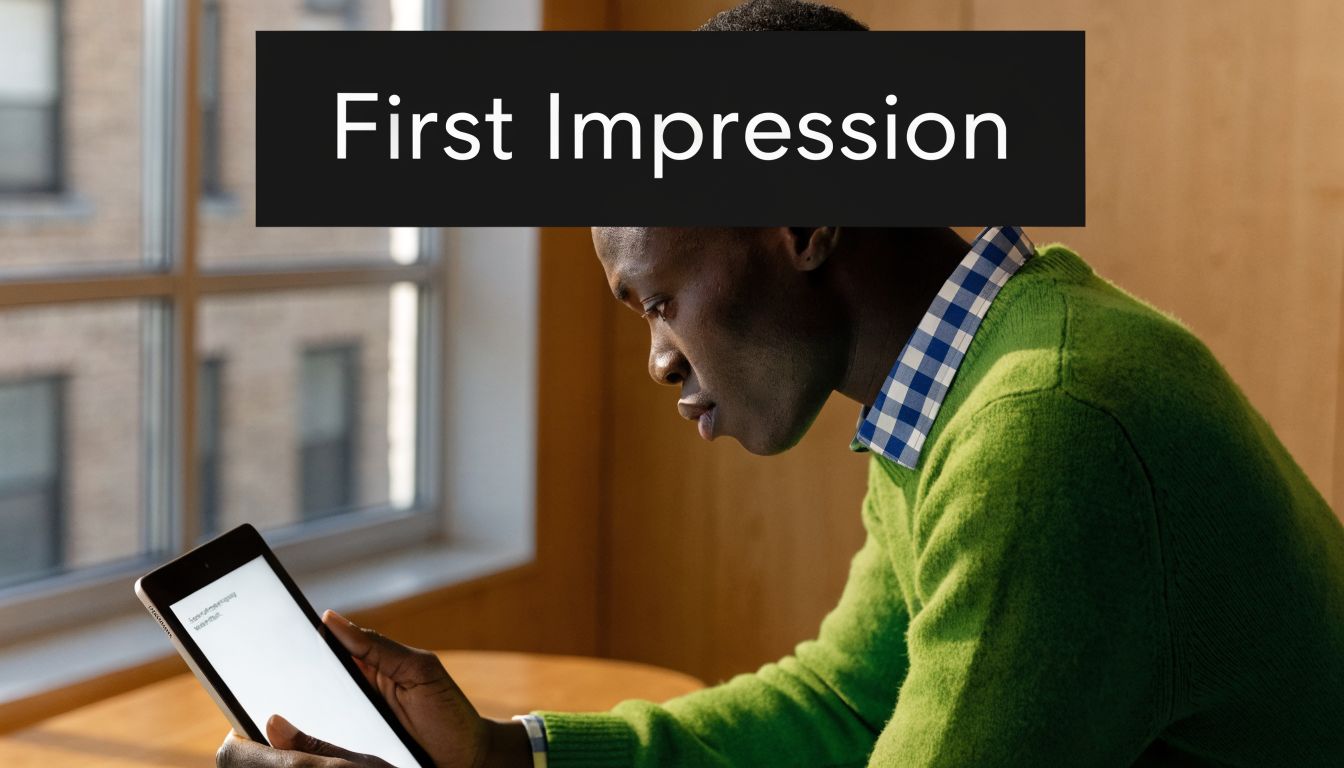 A young man sitting by a window and carefully reading text on his digital tablet device.