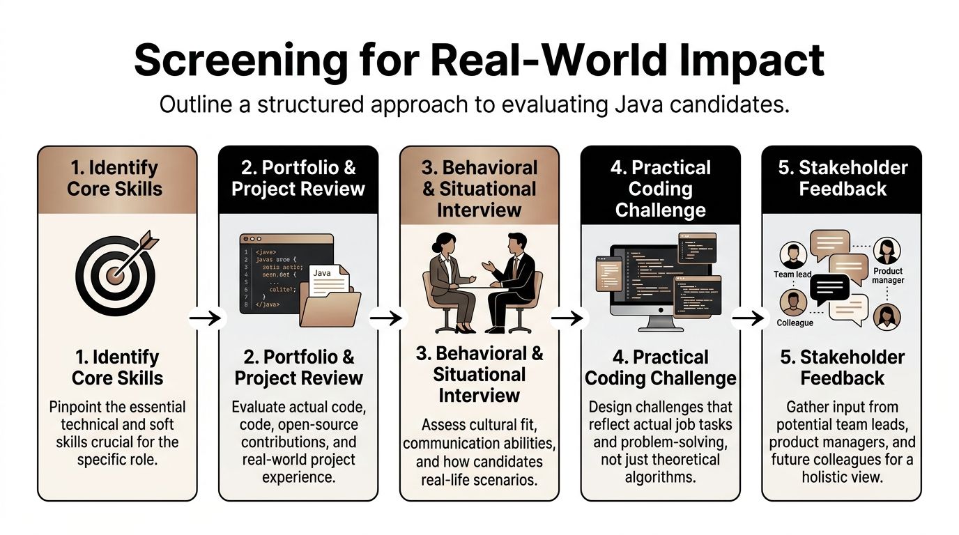 A structured five-step infographic outlining a process for screening and evaluating Java developer job candidates.