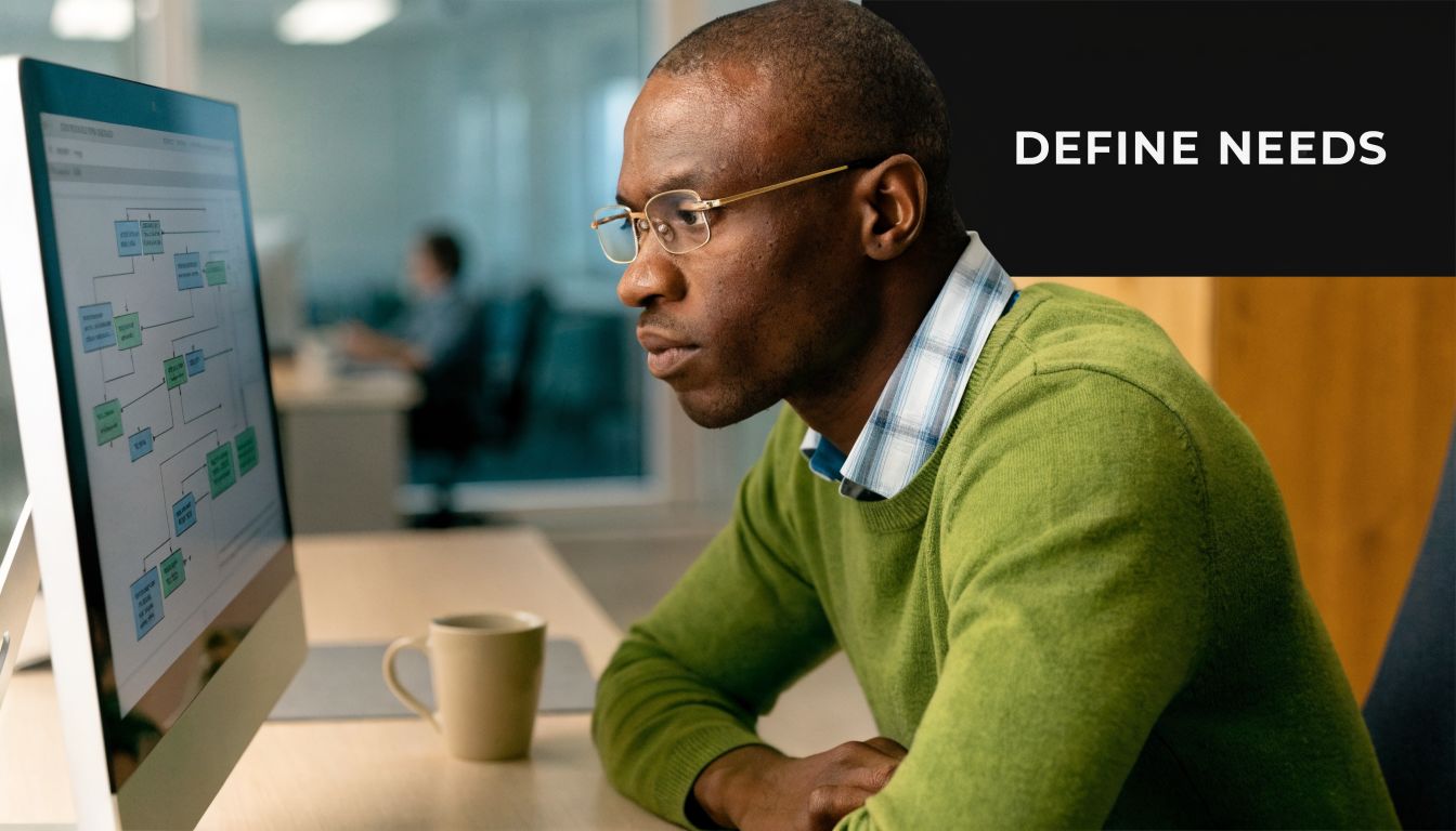 A focused professional in a green sweater reviewing software architecture diagrams on a desktop computer monitor.