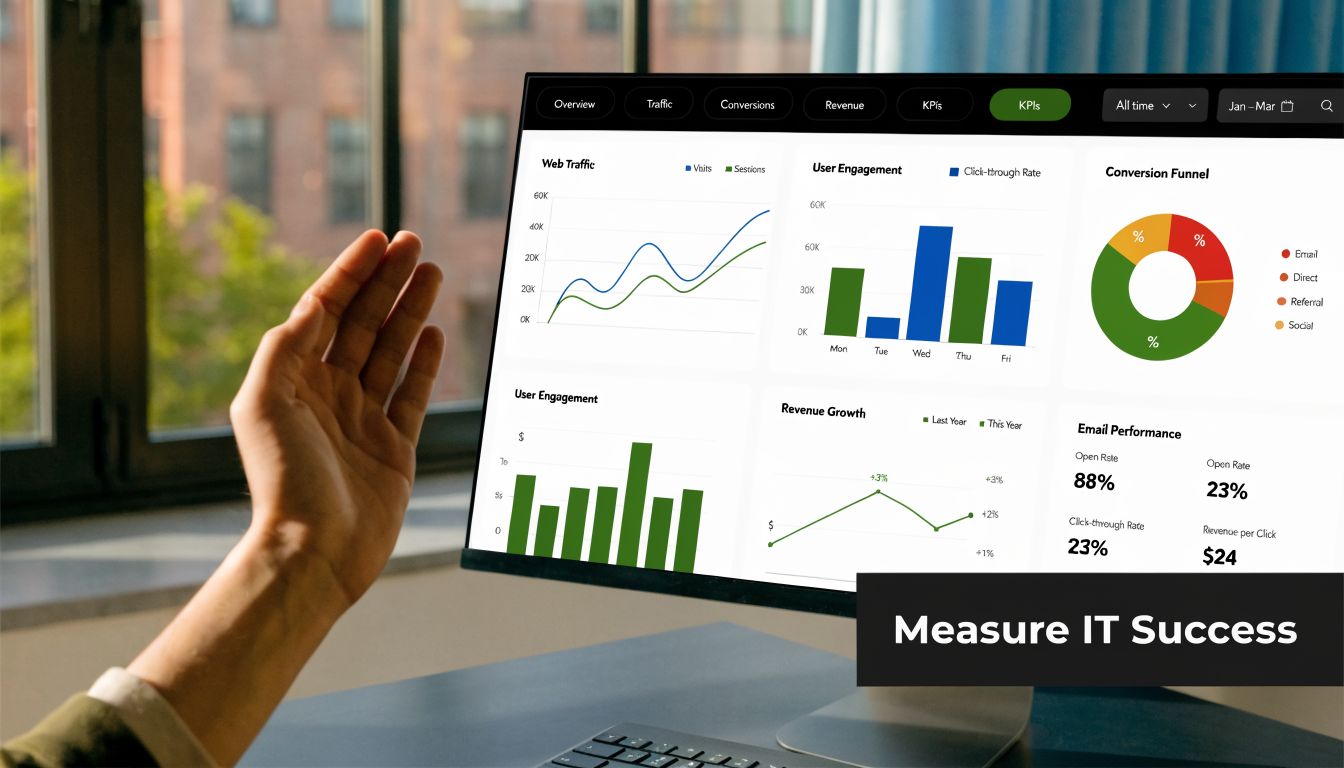 A person gesturing toward a computer monitor displaying various data analytics and performance metrics for business tracking.