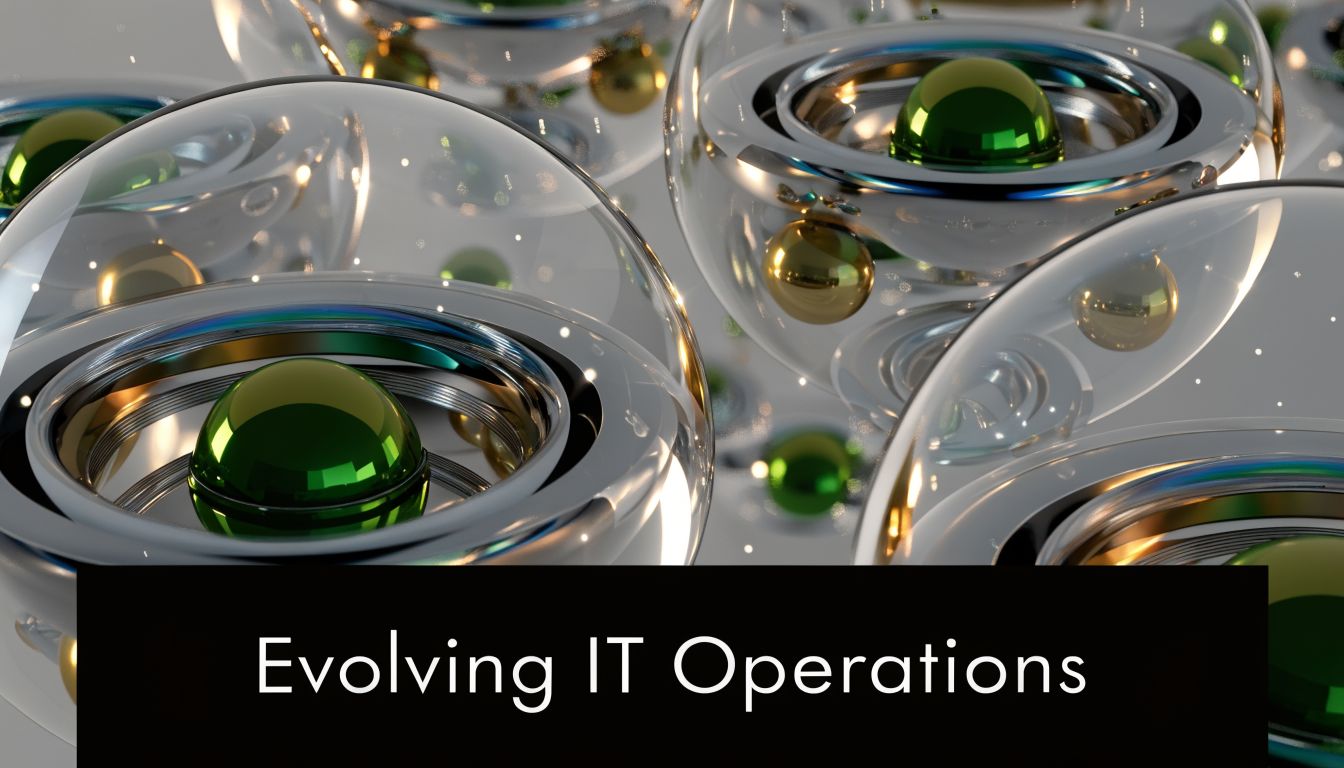 Abstract 3D rendering featuring spheres and metallic structures with the text Evolving IT Operations below.