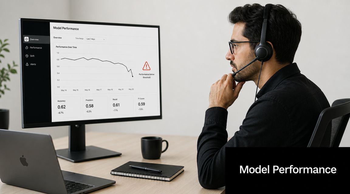 A customer support executive wearing a headset reviews a dashboard showing declining machine learning model performance metrics.