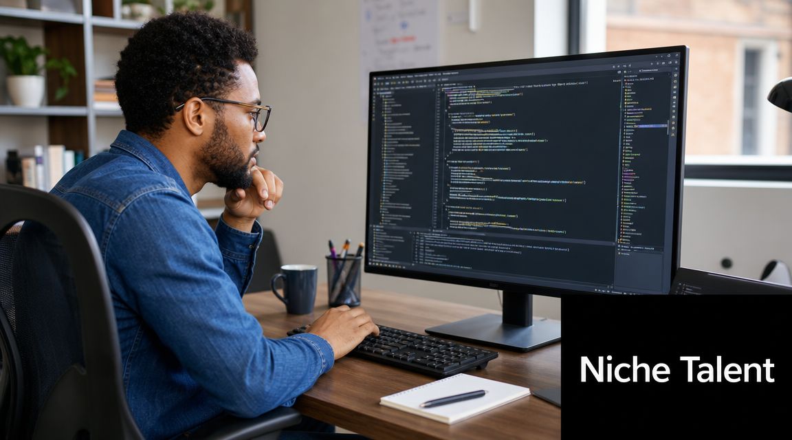 A professional software developer focusing intently on coding on a large computer monitor in an office.