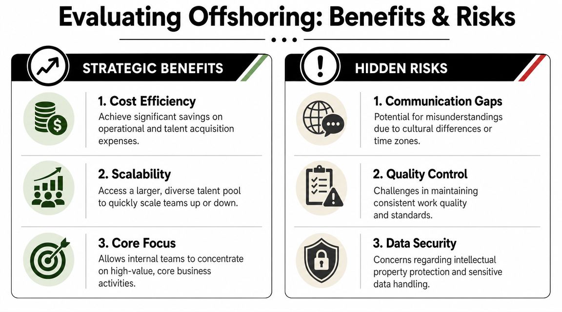 An infographic titled Evaluating Offshoring: Benefits & Risks comparing strategic advantages and potential challenges of business offshoring.