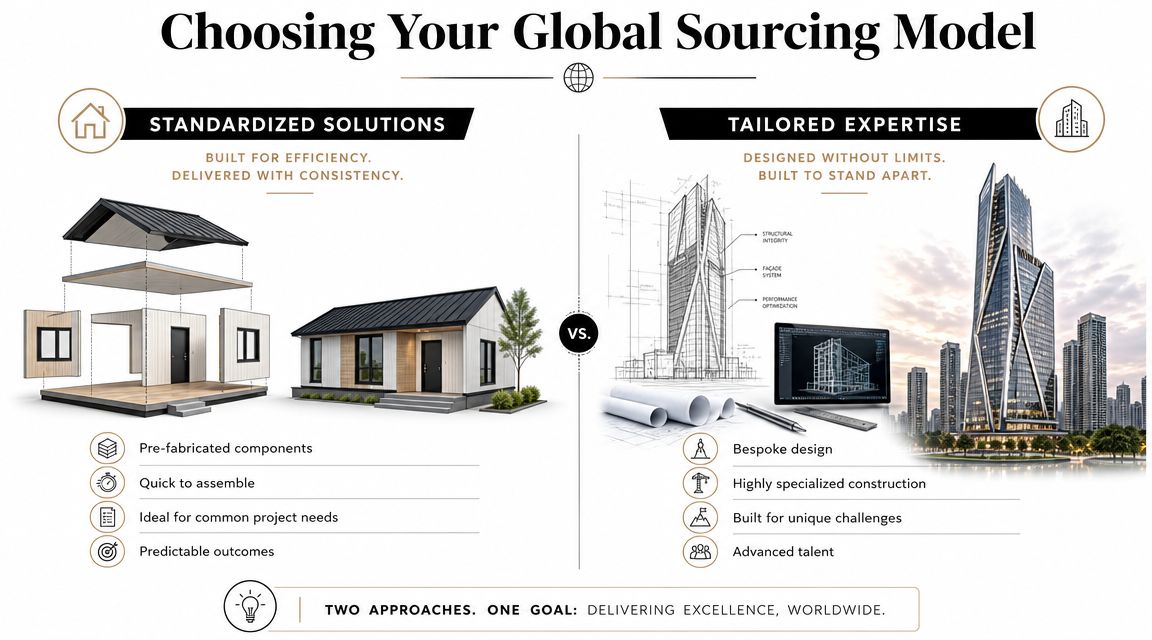 A comparison graphic between standardized solutions for small homes and tailored expertise for complex skyscraper construction projects.