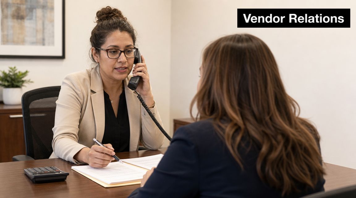 A professional woman in a blazer speaks on the phone while reviewing documents with a colleague.