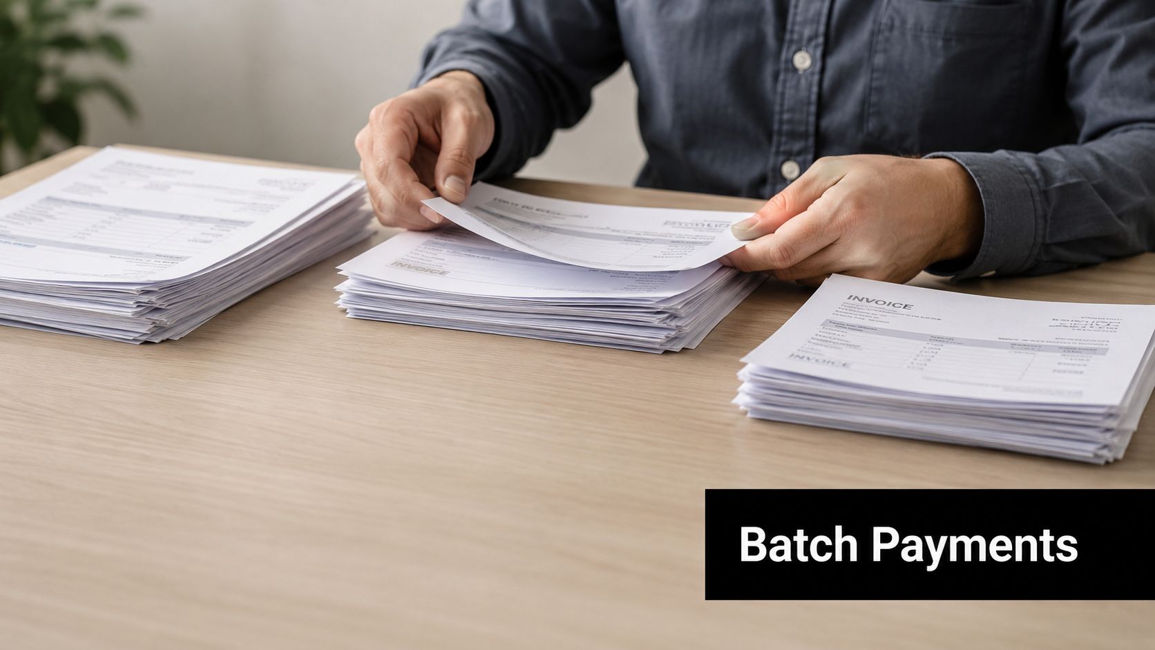 A professional processing a large stack of paper invoices on a wooden office desk for payment.