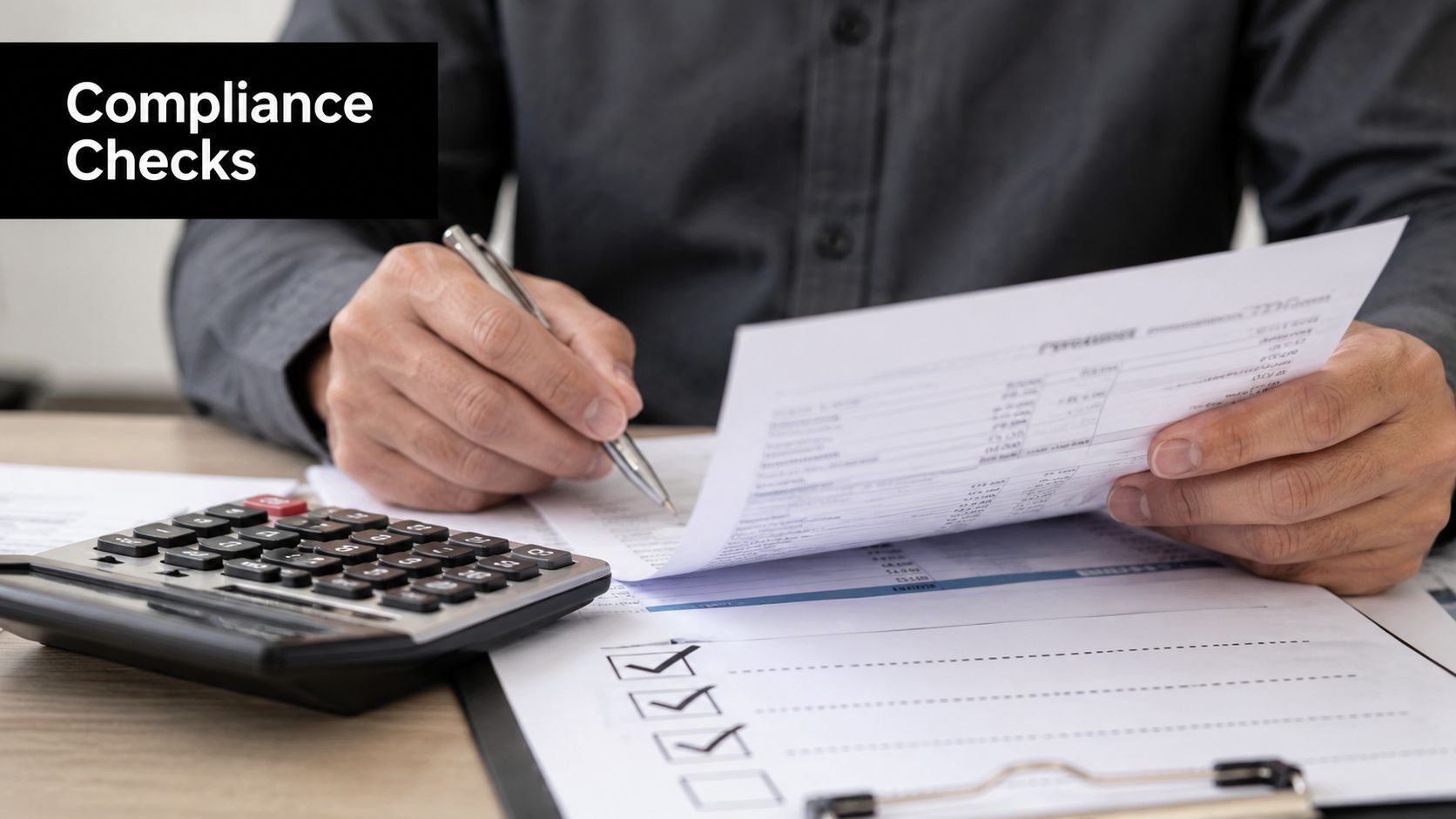 A person in a professional shirt reviewing financial documents and checking off items on a list.