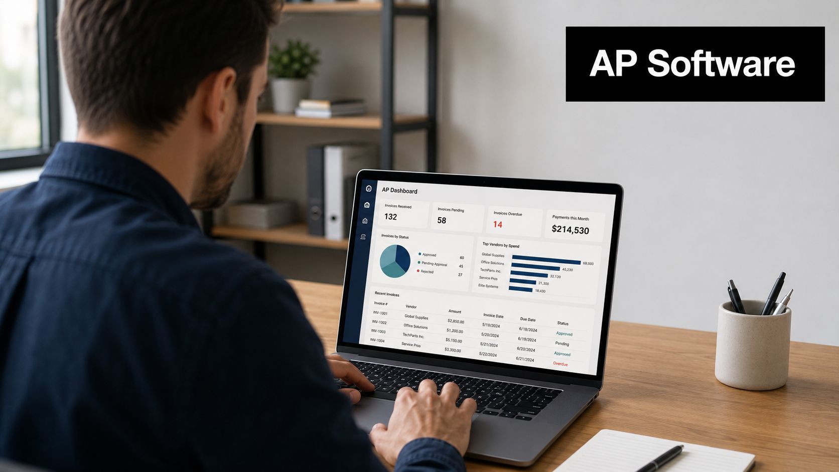 A professional analyzing an accounts payable dashboard on a laptop screen while working in a bright office.