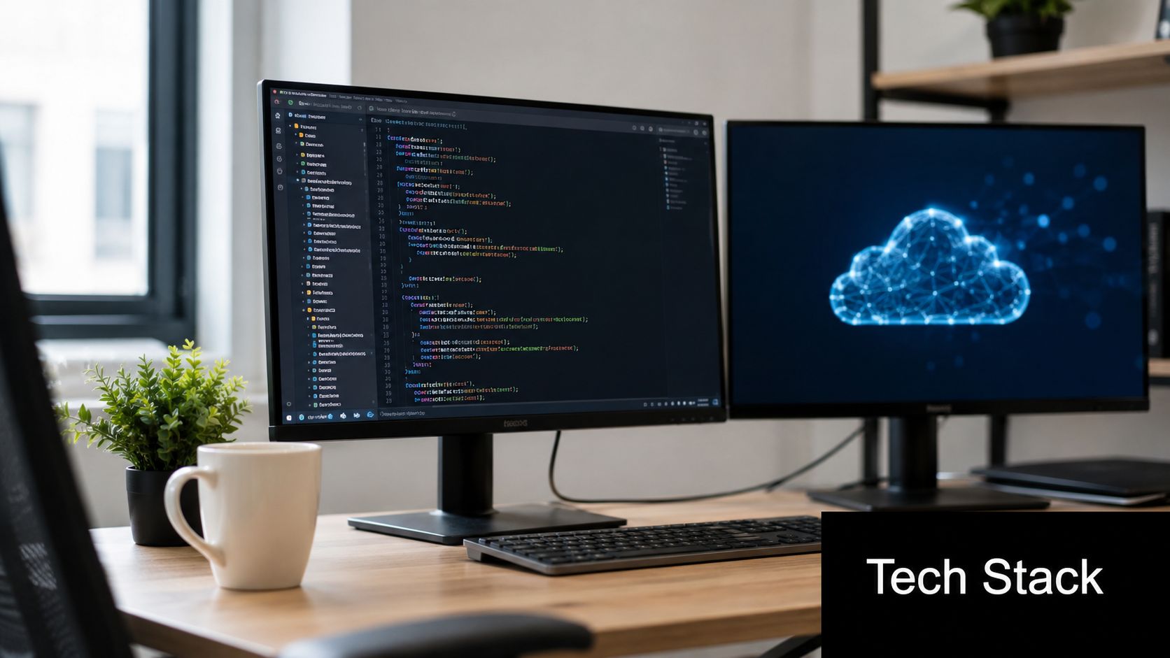 A modern workspace with dual monitors displaying programming code and a cloud computing graphic on a wooden desk.