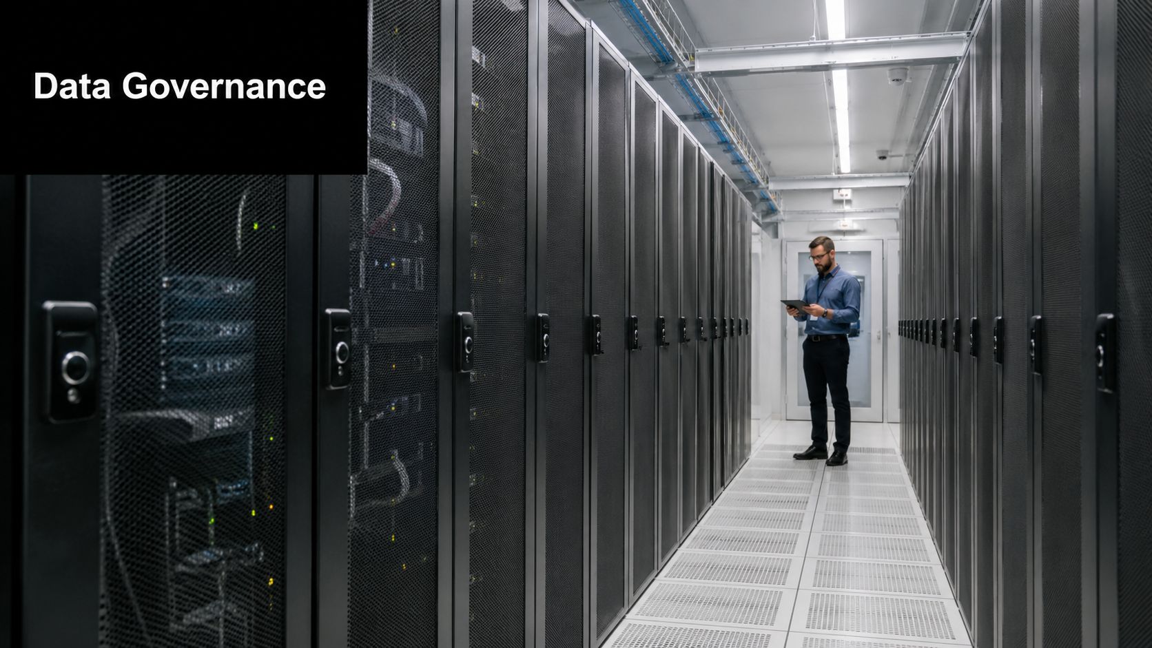 A professional technician monitoring a server rack in a secure, modern data center environment.