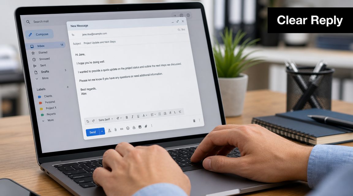 A person typing an email on a laptop while composing a professional message on their desk.