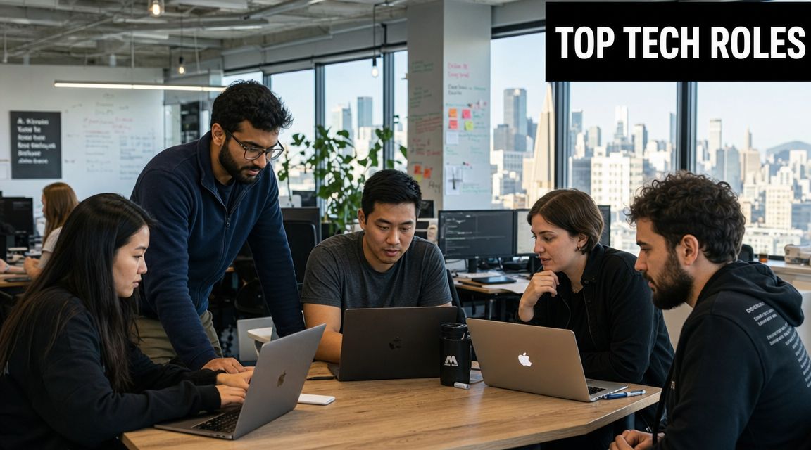 A diverse team of professionals collaborating on projects while working together in a modern tech office.