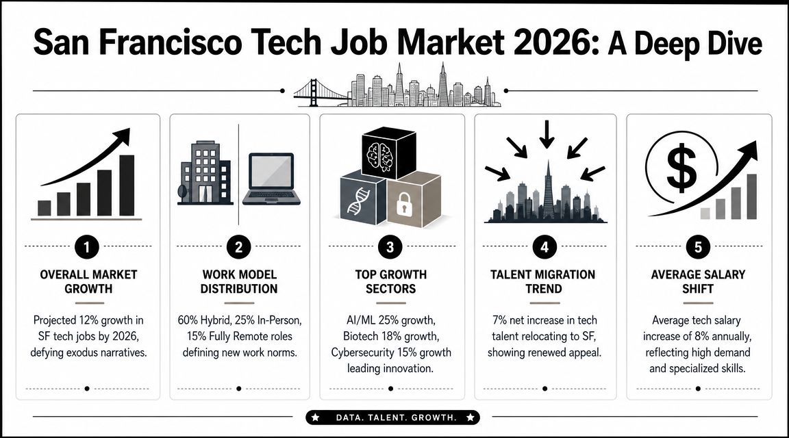 An infographic showing projected 2026 growth, work models, sectors, migration, and salary trends for San Francisco tech jobs.