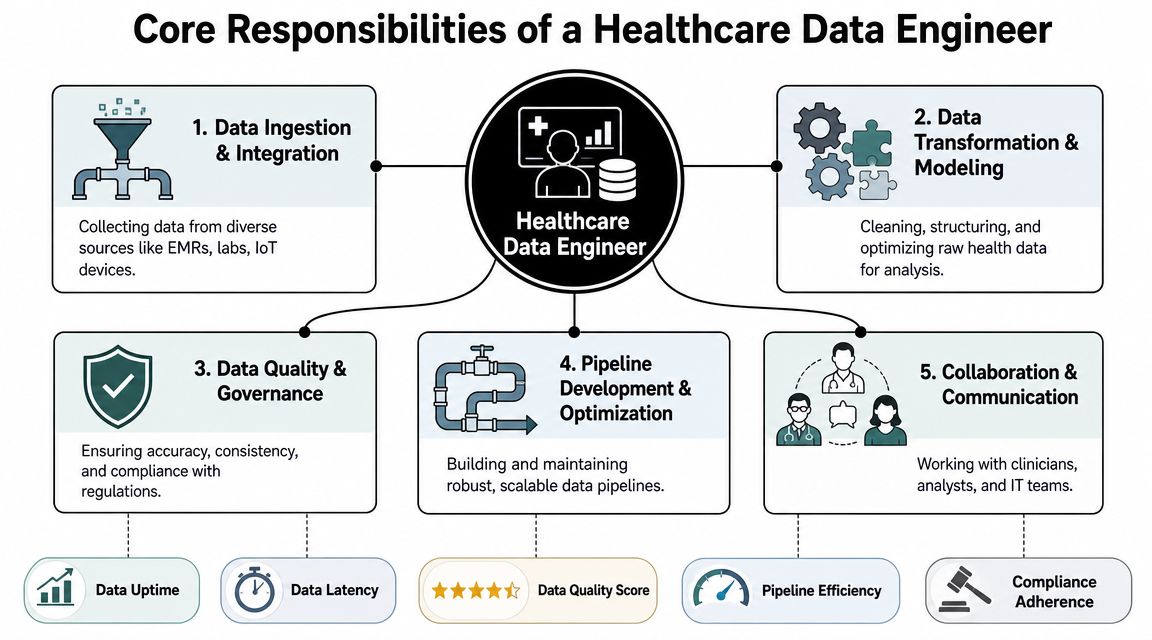 A diagram outlining the five core responsibilities of a healthcare data engineer in a professional clinical setting.