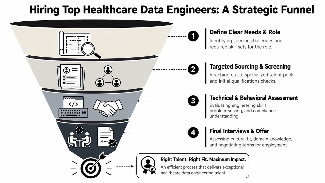 A strategic funnel diagram illustrating the four-step hiring process for qualified healthcare data engineering professionals.