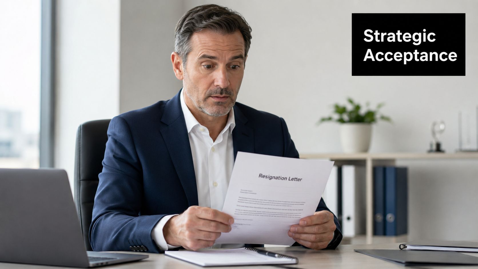 A concerned businessman sitting at an office desk reading a formal resignation letter document.