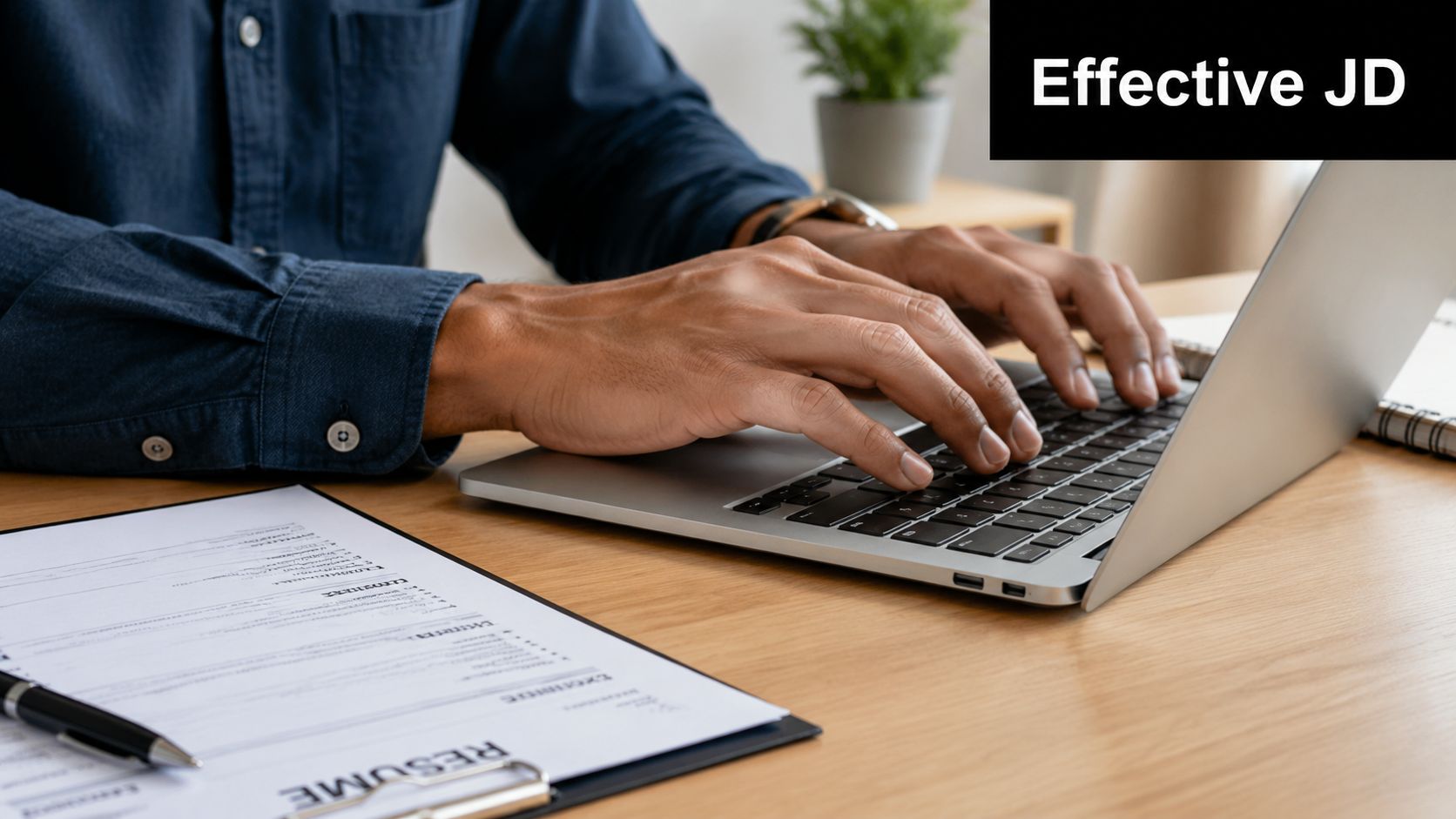 A professional working on a laptop while reviewing a resume document on a wooden office desk.