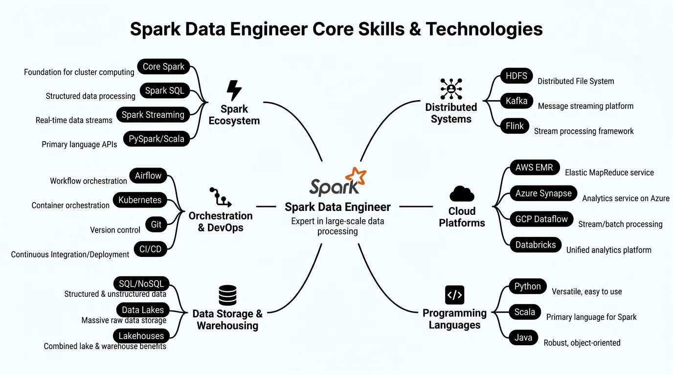 A mind map illustrating the core skills and technologies required for a Spark Data Engineer.