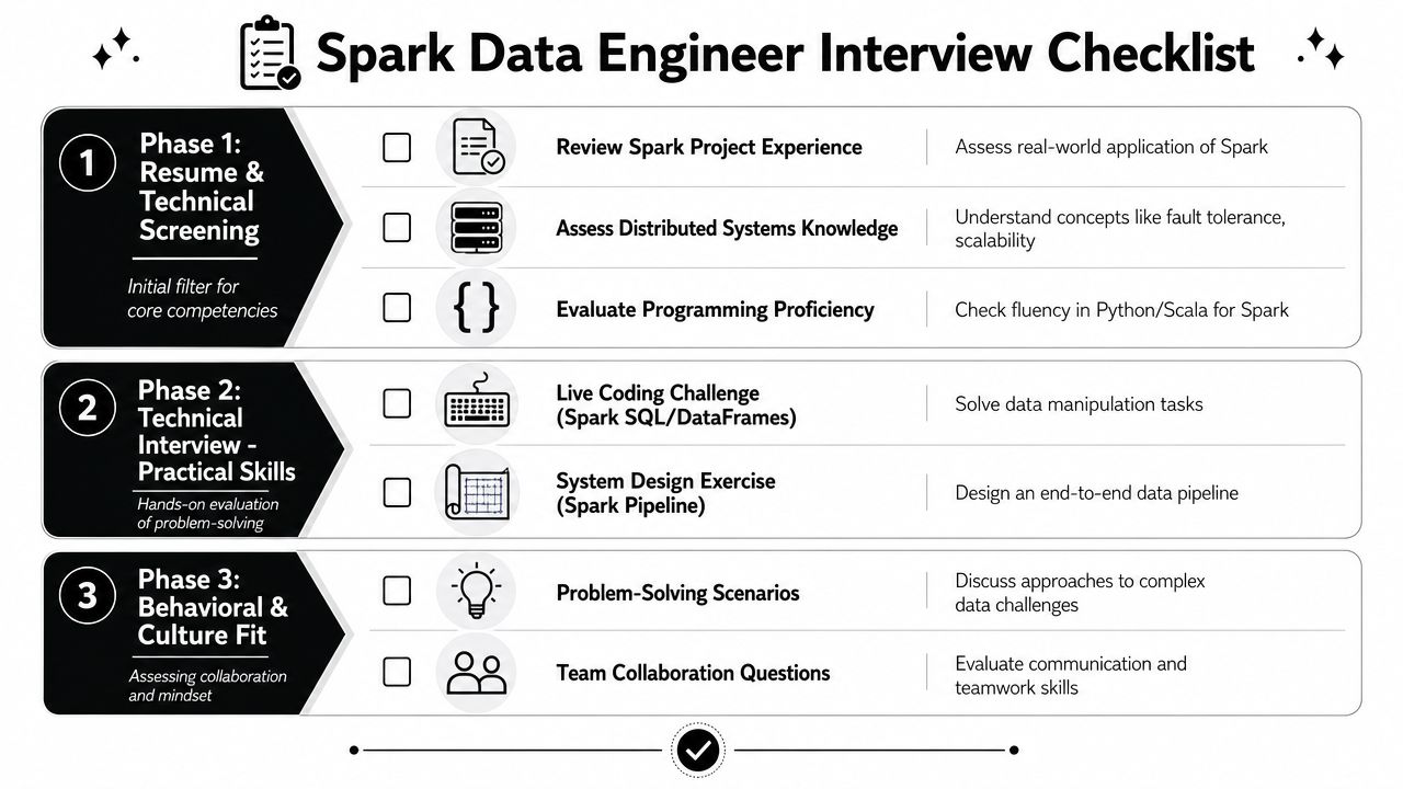 A structured checklist for hiring a Spark Data Engineer covering resume screening, technical interviews, and behavioral assessments.