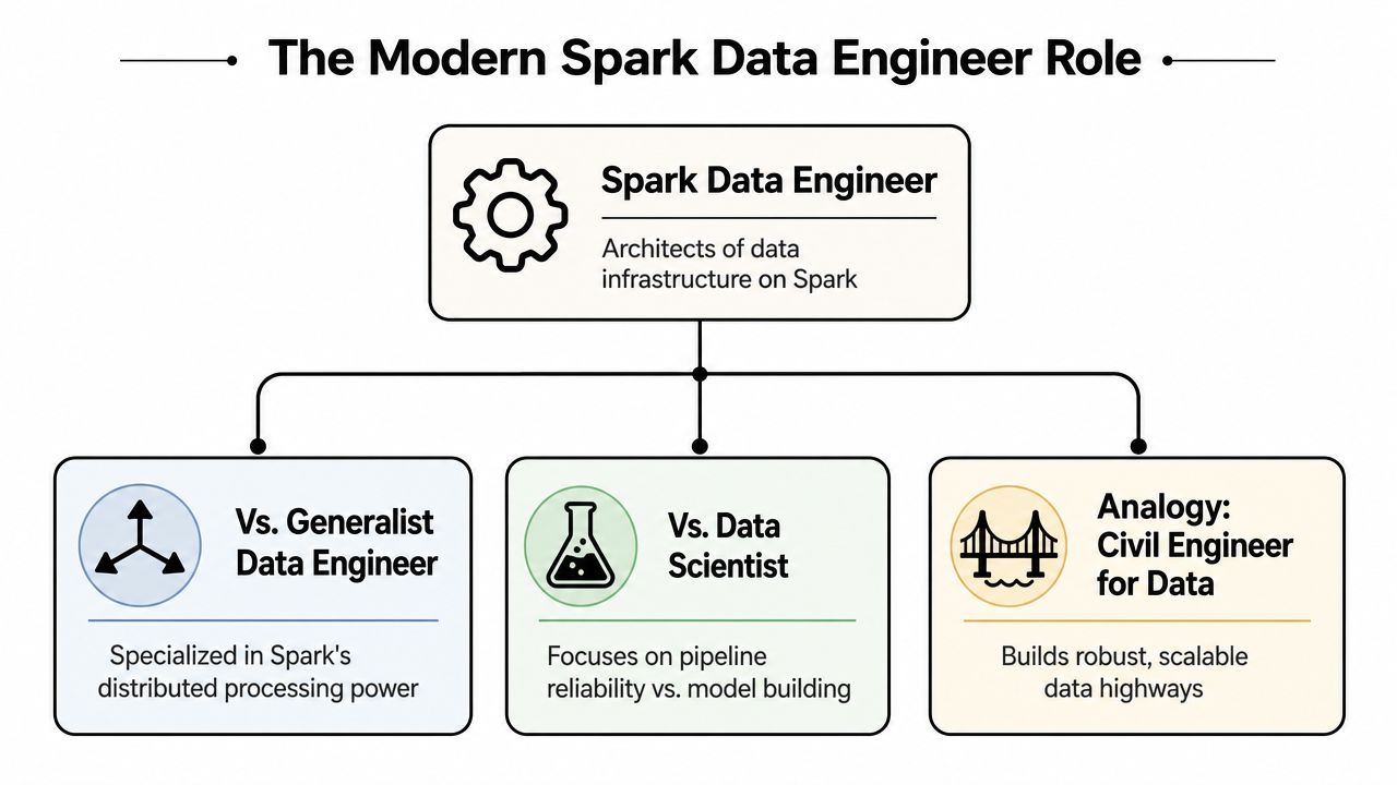 An infographic defining the role of a modern Spark Data Engineer and its key comparisons and analogies.