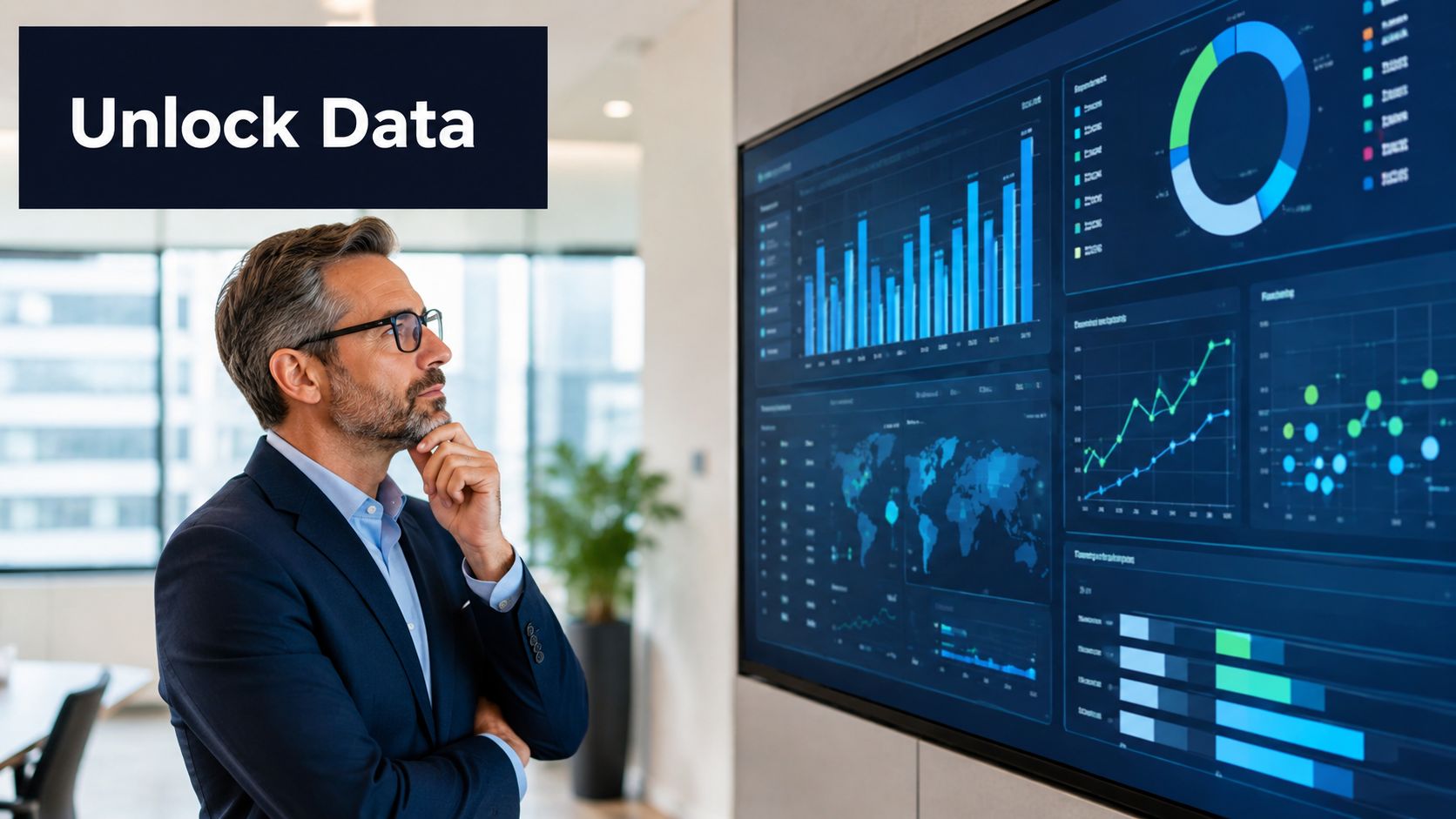 A professional man with glasses standing in an office looking at a large wall-mounted digital data dashboard.
