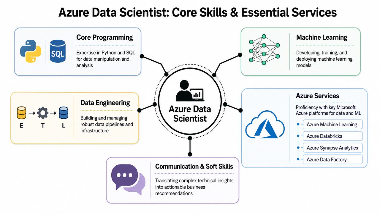 A diagram outlining the core skills and essential services required for an Azure Data Scientist career.