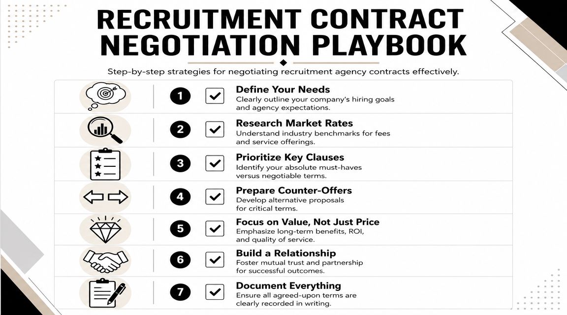 A recruitment contract negotiation playbook infographic with seven steps for businesses to effectively manage agency agreements.