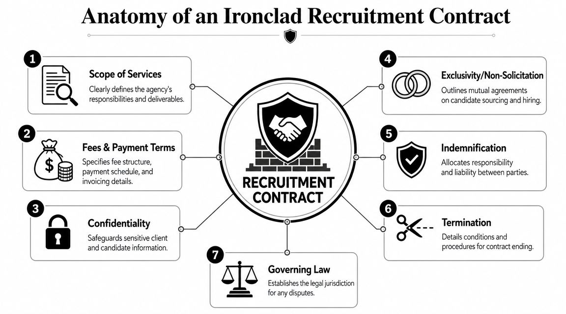 A diagram illustrating the seven essential components of an ironclad recruitment agency contract for business agreements.