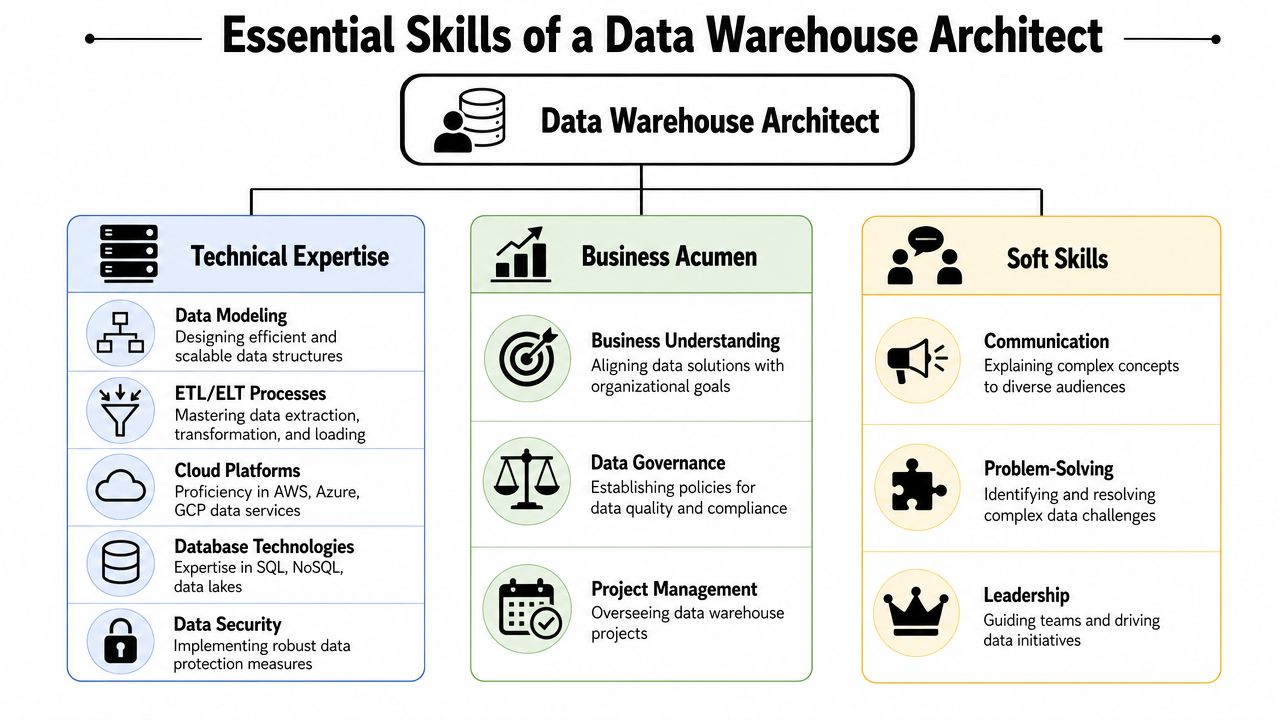 An infographic detailing the essential technical, business, and soft skills required for a data warehouse architect role.