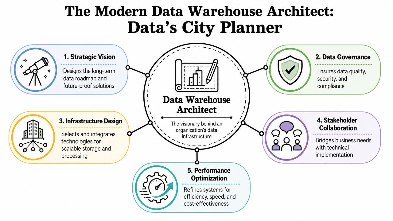 A diagram illustrating the five core responsibilities of a data warehouse architect in an organization.